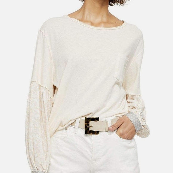We The Free People Small Jade Long Balloon Sleeve Pattern Print Top Ecru Beige S - Picture 2 of 10